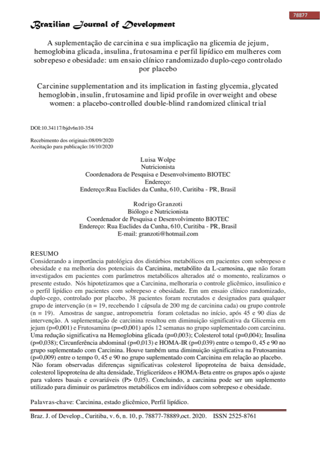 Primeira página do estudo publicado sobre suplementação de carcinina no controle glicêmico